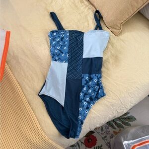 Patchwork Floral Navy & Light Blue One-Piece Swimsuit
